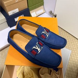 Louis Vuitton Navy Blue Leather Slip-On Loafers with Red Ribbon Detail